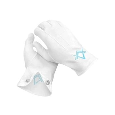 Immagine di Masonic Guanti artigianali bianchi con ricamo a mano di squadra e compasso azzurri. 100% cotone taglia L bianco S