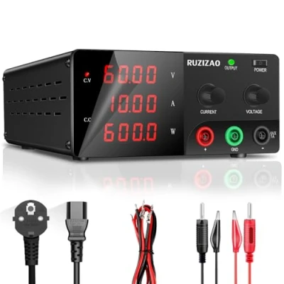 Immagine di RUZIZAO Alimentatore da Banco 60V 10A 600W, Laboratorio Regolabile con Manopola Encoder, Professionale DC Alta Potenza Display a LED 4 Cifre e Uscita Stabile