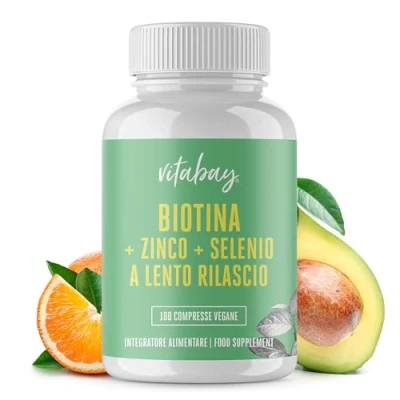 Immagine di Vitabay Biotina 10.000 mcg 180 Compresse di Vitamina B7 ad Alto Dosaggio, Vegane e a Lento Rilascio Integratore Con Zinco Bisglicinato (10 mg) Selenio (110 mcg) Testato in Laboratorio