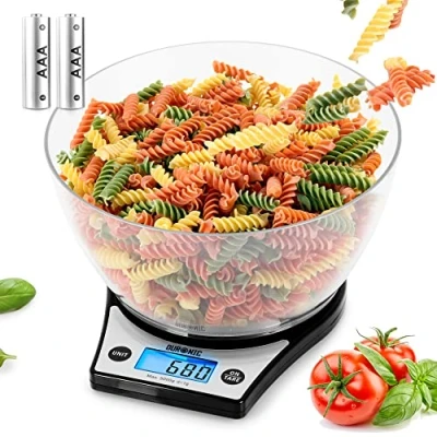 Immagine di Duronic KS6000 BK Bilancia da cucina con capacità di 5 kg Precisione a 1 g Ciotola 2 litri inclusa Ampio display retroilluminato Funzione aggiunta peso TARE Ideale per pasticceria Nero