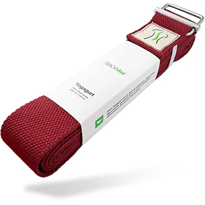 Immagine di BACKLAxx ® Cintura Yoga 100% cotone per principianti ed esperti (rosso) Fascia stretching con chiusura in metallo [250 x 3,8 cm] Cinghie straps