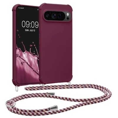 Immagine di kwmobile Custodia Compatibile con Google Pixel 9 Pro XL Cover Back Case in Silicone TPU Protezione Smartphone Cordino viola bordeaux