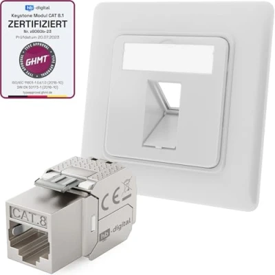 Immagine di hb digital presa di rete da incasso a 1 porta RAL9003 bianco segnale + modulo CAT 8 Keystone RJ45 LAN Ethernet per 5e 6 6a 7 2000 MHz 40 Gb/s STP