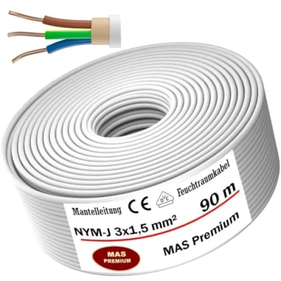 Immagine di cavo di alimentazione per ambienti umidi da 5 a 200 m, NYM J 3 x 1,5 mm², elettrico ad anello installazione fissa, 90 m