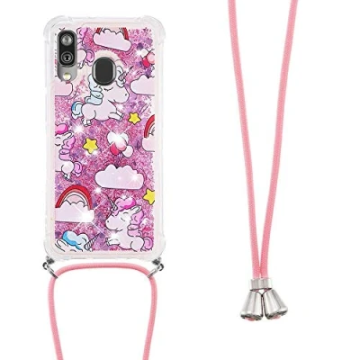 Immagine di Custodia per Cellulare con Corda Collana Samsung Galaxy A20e Case,Glitter Bling Liquido Sabbie Mobili Bumper Case TPU Cover Cordoncino Cordino Case,YB GS Unicorn