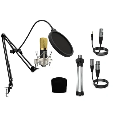 Immagine di Audibax Berlin 1800 Gold Pro Microfono a Condensatore da Studio Include Supporto, Anti pop e Cavi Risposta in Frequenza 20 Hz/20 KHz con Schema Polare Cardioide Colore Dorato