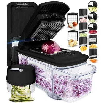 Immagine di Taglia Verdure Mandolina per Affetta Multifunzione Tritatutto Affettatrice Manuale Tagliaverdure Frutta Cipolla Patate Cubetti Julienne Grattugia (Tutto in 1 Nero)