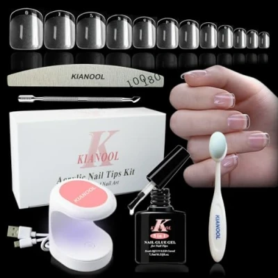 Immagine di 552 Pezzi Unghie Finte Corte Con Colla Kit Unghie, Tip Ricostruzione Tips Per In Gel Set, Mini Uv Lampada e 5 1, 12 Taglie Piazza, Manicure Acrygel