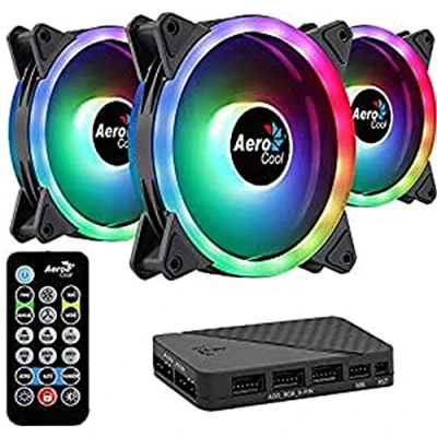 Immagine di Aerocool Duo 12 Pro Pack 3 x ARGB Fans 120mm, 1 H66F RGB Fan Hub, Remote control, Double LED Ring and 18 LEDs, Includes 6 pin connector, Curved Blades Anti Vibration Pads, 12v Fan, Black