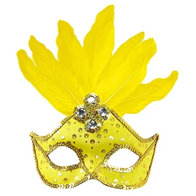 Immagine di &quot;NEON YELLOW BRAZIL EYEMASK WITH HOLOGRAPHIC SEQUIN, GEMS, GOLD SEQUIN TRIM &amp; FEATHERS&quot;