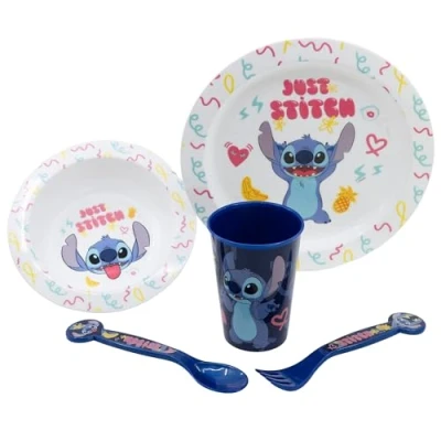 Immagine di Set Pappa Bambini Disney Stitich da 5 pezzi, in plastica senza BPA, lavabile e riutilizzabile, adatto a microonde lavastoviglie
