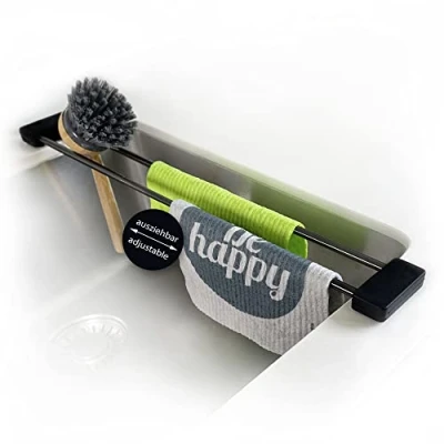 Immagine di Sanni Shoo Drip.line, organizer per lavello, supporto flessibile da cucina, contenitore strofinaccio, in acciaio nero, nero