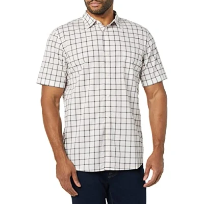Immagine di Amazon Essentials Camicia in Popeline a Maniche Corte Slim Uomo, Rosa Bianco Buffalo Plaid, XS