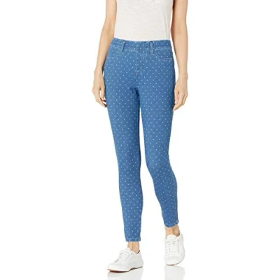 Immagine di Amazon Essentials Jegging in Maglia Elasticizzata Senza Zip (Disponibile Taglie Forti) Donna, Indaco Slavato Bianco Pois, L Corto