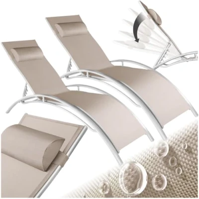 Immagine di TecTake® Set di 2 Lettini Prendisole, Morbido Poggiatesta, Resistente alle Intemperie, Lettino pieghevole, Sdraio da Mare, Spiaggia, Giardino. in Alluminio, Sole, 5 Posizioni (Beige)
