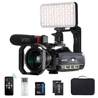 Immagine di ORDRO Videocamera HDR AC3 4K UHD 1080P 60FPS Vlog Visione notturna IR con MIC, Luce LED, Obiettivo grandangolare, Scheda SD 32G