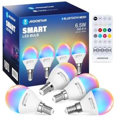 Immagine di Aigostar Mesh Lampadine Alexa Bluetooth 6.5W G45, Lampadina Smart Works with Alexa, E14 LED 555LM RGB &amp; 2700K 6500K, 4 Unità (Con Telecomando Bluetooth)