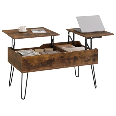 Immagine di WOLTU Tavolino da Caffè Sollevabile, Divano con Scomparto Nascosto, Salotto Industriale, Soggiorno Gambe in Metallo, Marrone Rustico, BTS14vbn