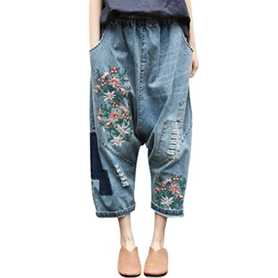 Immagine di Bigassets Donna Vita Elastica Pantaloni Harem di Jeans Ricamati