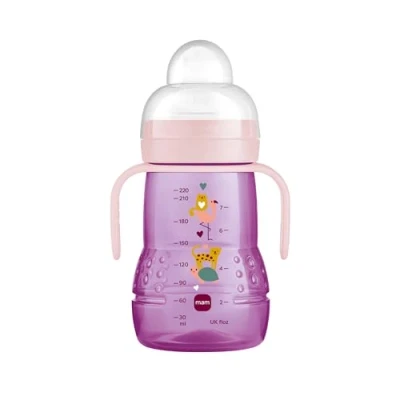 Immagine di Istruzioni in lingua straniera MAM Trainer+ (220 ml), borraccia per la transizione verso tazza, tazza imparare a bere con tettarella, becco e maniglia, 4 mesi, tartaruga, Lilla