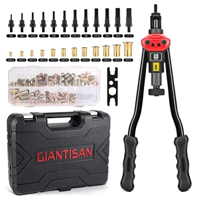 Immagine di Giantisan Utensile per dadi rivetti da 40,6 cm, kit con 12 mandrini metrici e SAE, rivetti, 176 pezzi robusta custodia il trasporto