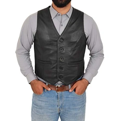 Immagine di gilet da uomo in vera pelle stile classico Nick, Nero , XL