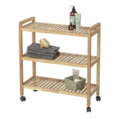 Immagine di Wenko carrello a 3 ripiani su ruote, da bagno, modello Norway, in legno di noce, 65x72x31 cm