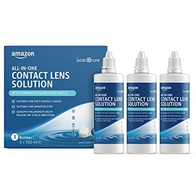 Immagine di Amazon Basic Care Soluzione tutto in uno con sodio ialuronato per lenti a contatto morbide, 3 x 360ml