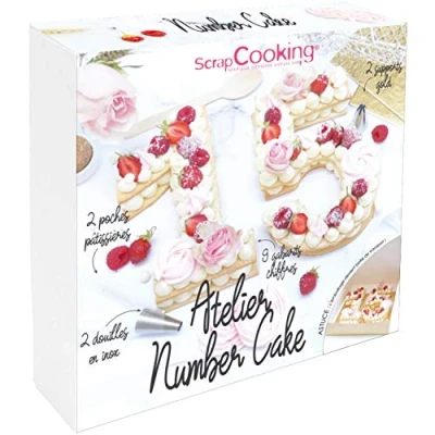 Immagine di ScrapCooking Cofanetto Atelier Number Cake Kit accessori pasticceria numeri 0 9 di 21 cm con bussole, tasche, supporti dorati, per dolci e feste ricette 3810