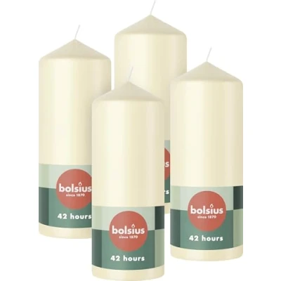 Immagine di Bolsius candele a pilastro, color avorio, confezione da 4, 15 x 6 cm, decorative per la casa, durata di 42 ore, non profumate, include 5% cera vegana naturale, senza olio palma