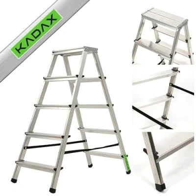 Immagine di KADAX Scala Pieghevole in Alluminio, Scaletta Doppia a Pioli con Piattaforma Antiscivolo, Gradini Larghi e Struttura Leggera, Fino 125 kg (5 Gradini)