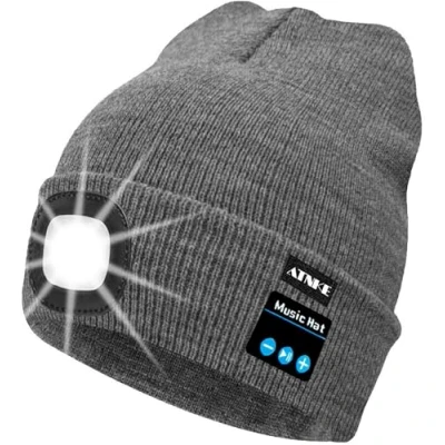 Immagine di ATNKE Berretto Bluetooth con LED Illuminato, USB Ricaricabile Wireless Musicale Cappello da Corsa Ultra Bright 4 Impermeabile Lampada Uso per Sci Escursionismo Campeggio Ciclismo/Grigio
