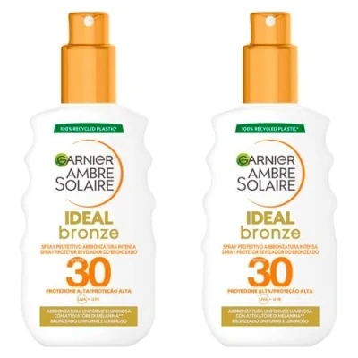 Immagine di Garnier Ambre Solaire Ideal Bronze Spray Solare Protettivo Viso e Corpo SPF 30 Protezione Alta contro UVA UVB Waterproof Formula con Attivatore di Melanina Abbronzatura Intensa 2 Flaconi da 200ml