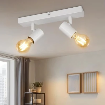 Immagine di Kimjo Lampada da soffitto Orientabili, Bianco Plafoniera con 2 Faretti, Non Incluse ma Adatta per Lampadine E27, Max più di 60W, Lampadario LED Moderna Camera Salotto