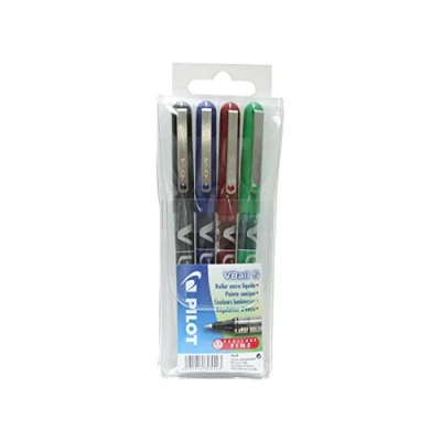Immagine di Pilot V ball 05 Penna a sfera rotante con inchiostro liquido, punta fine, Multicolore (Nero/Blu/Rosso /Verde), Confezione da 4