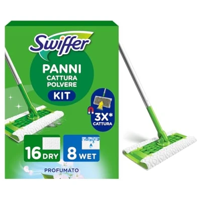 Immagine di Swiffer Catturapolvere e Lavapavimenti, 1 Scopa 16 Panni Microfibra Dry 8 Wet, Cattura Intrappola Polvere Peli, Rimuove Sporco Batteri, Lava Tutti Tipi di Pavimenti