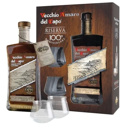 Immagine di Vecchio Amaro del Capo Riserva Centenario cl. 70 confezione con 2 pregiati bicchieri da degustazione.