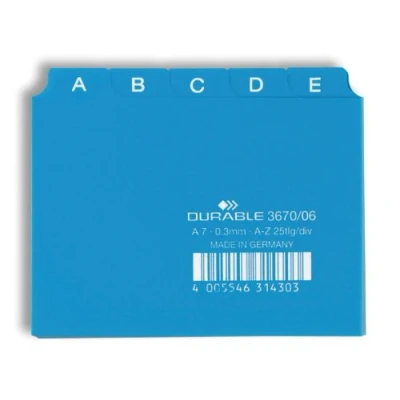 Immagine di Durable 367006 Divisore alfabetico per schedario, f.to A7, con etichette prestampate (A Z), azzurro, confezione da 25 pezzi