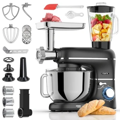 Immagine di Fentic 6 in 1 Impastatrice Planetaria 2000W con Tritacarne, Frullatore da 1,5L, Tagliaverure, Accessori Extra Robot Cucina Ciotola 6.2L, Frusta, Gancio Impastare, Mescolatore (Nero)