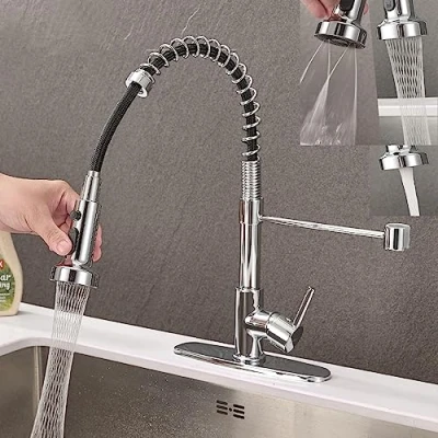 Immagine di SkyPanda rubinetto da cucina, cromato argento miscelatore lavabo rubinetto, girevole a 360, materiale in rame solido, 3 modalità di spruzzo (cromato)