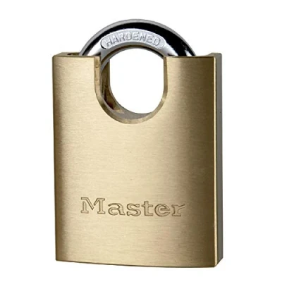Immagine di Master Lock 2250EURD Lucchetto a Chiavi in Ottone Massiccio e Archetto con Protezione, Oro, 9.2 x 5 1.7 cm