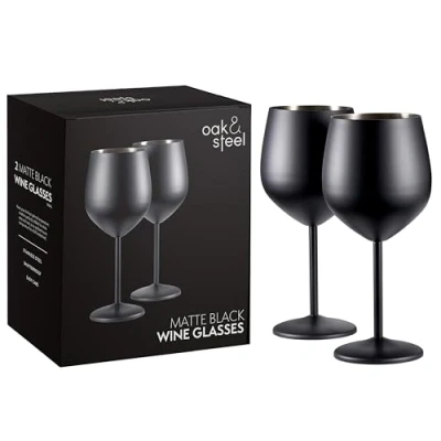 Immagine di Oak &amp; Steel Set di 2 eleganti bicchieri da vino in acciaio inox, 540 ml, infrangibili, per interni ed esterni, compleanni, feste giardino, campeggio e barbecue
