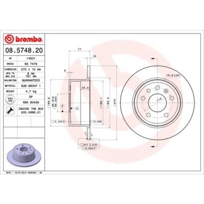 Immagine di BREMBO 08.5748.20 Disco freno 270 10 5 pieno con bulloni/viti OPEL: Calibra A, Vectra A Sedan
