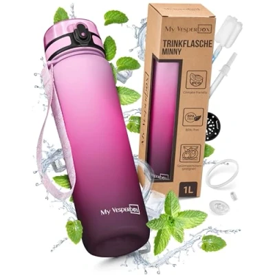 Immagine di My Vesperbox Minny borraccia per bambini a prova di perdite, 1 l, con cannuccia o colino, leggera in Tritan, senza BPA, l&#039;asilo, la scuola (rosaverlauf L)