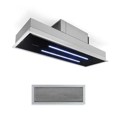 Immagine di Klarstein High Line Cappa a Isola, Aspirante, ad Incasso, 77 cm, Classe C, 410 m3/h, Ricircolo e Scarico Aria, 3 Livelli, LED, Telecomando &amp; Filtro Carboni Attivi, Acciaio inox, Nero