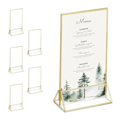 Immagine di Relaxdays Portamenu da Tavolo, Set 6 Supporti Segnaposto Acrilico Porta Menù Matrimonio, Battesimo, Trasparente Oro, A6