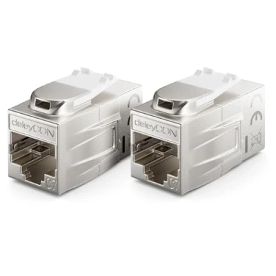 Immagine di deleyCON 2 Pezzi CAT 7 Accoppiamento Keystone Metallo 2x RJ45 Jack Connettore per Patch Cable 600 MHz 10 Gbps LAN DSL Ethernet e Utilizzabile Come Argento
