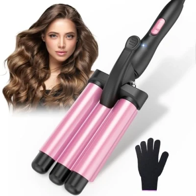 Immagine di Ferro arricciacapelli 3 botti Beach Waves Wave Iron a riscaldamento rapido regolabile per capelli lunghi e corti, Rosa
