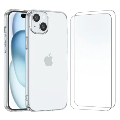 Immagine di NEW&#039;C Cover per iPhone 15 Plus (6,7&quot;) Gel TPU in silicone ultra trasparente e 2 x vetro temperato (6,7&quot;), pellicola protettiva schermo