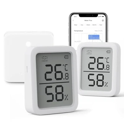 Immagine di SwitchBot WiFi Termometro igrometro 2 pezzi e hub mini, sensore di umidità digitale Bluetooth con allarme intelligente archiviazione dati, schermo LCD termoigrometro